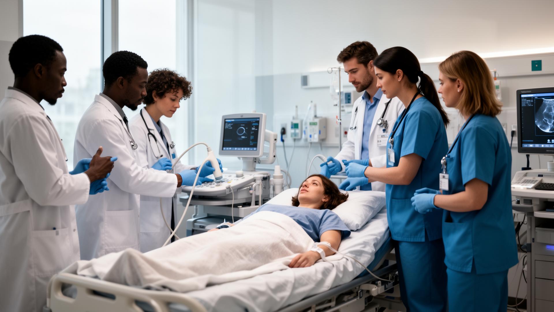 Multidisciplinary team performing emergency ultrasound